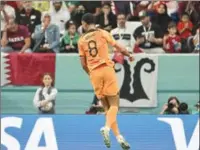  ?? (AFP) ?? Netherland­s’ forward Cody Gakpo celebrates scoring at the Al Bayt Stadium on Tuesday.