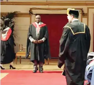  ?? ?? Gusau at the podium during the graduation yesterday in Leicester, UK.