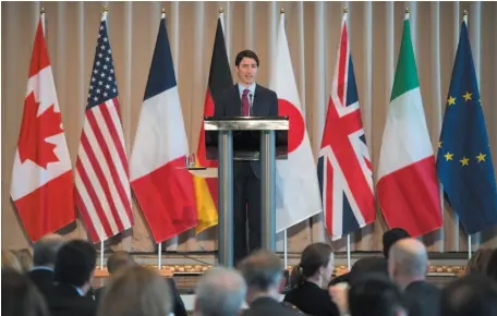  ?? CP PHOTO ?? Prime Minister Justin Trudeau speaks at the GBC Resource Efficiency Workshop B7, as part of the G7 meeting, on Thursday in Quebec City. Trudeau is becoming more optimistic on the NAFTA front.