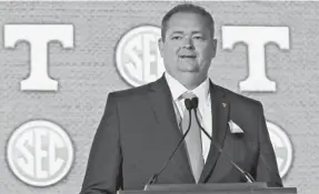  ?? GARY COSBY JR., TUSCALOOSA NEWS ?? University of Tennessee Head Caoch Josh Heupel addresses the media during SEC Media Days at the Hyatt Regency in Hoover, Ala., Tuesday, July 20, 2021. [Staff Photo/gary Cosby Jr.]