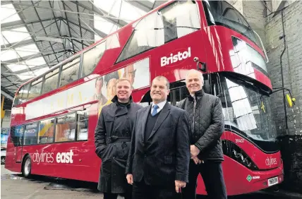  ??  ?? Above, from left, Kye Dudd, Bristol City Council Cabinet Minister for Transport; James Freeman, MD, First Bus; and Tony Griffiths, of the Gas Alliance Group; left, on board one of the new buses