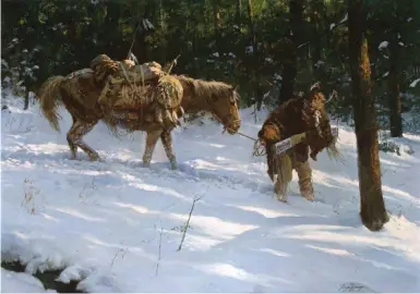  ??  ?? Jackson Hole Art Auction, It’s Been a Long Day, 1976, oil on canvas, 24 x 34”, by Howard Terpning. Estimate: $200/300,000