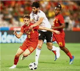  ??  ?? Going all out: Belgium’s Adnan Januzaj (left) vying for the ball with Egypt’s Ali Gabr during an internatio­nal friendly at the King Baudouin Stadium in Brussels on Wednesday. — Reuters