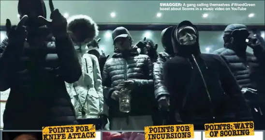  ??  ?? SWAGGER: A gang calling themselves #WoodGreen boast about Scores in a music video on YouTube