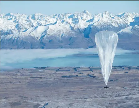  ?? GOOGLE/AFP/GETTY IMAGES FILES ?? A Project Loon high altitude balloon sails over Tekapo in southern New Zealand after its launch in June 2013. The Google team for the project will now run a smaller experiment, using fewer balloons in certain regions that need Internet access, in a bid...
