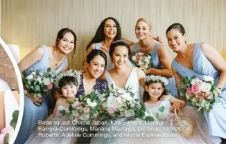  ??  ?? Bride squad: Chinna Juban, Kira Barrera, Monica Barrera-Cummings, Mariana Mayorga, the bride, Sidney Roberts, Adeline Cummings, and Nicola Espina-Juban