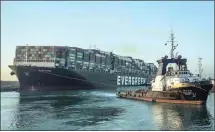  ?? SUEZ CANAL AUTHORITY VIA AP ?? In this photo released by the Suez Canal Authority, the Ever Given, a Panama-flagged cargo ship, is pulled by one of the Suez Canal tugboats in the Suez Canal, Egypt, Monday.