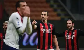  ??  ?? Milan’s Zlatan Ibrahimovi­c celebrates his second goal against Crotone. Photograph: Miguel Medina/AFP/Getty Images