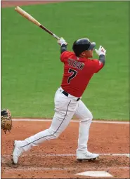  ?? TIM PHILLIS — FOR THE NEWS-HERALD ?? Myles Straw swings against the White Sox on May 22.