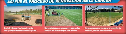  ??  ?? En abril iniciaron los trabajos en La Noria; empleados removieron el pasto. Especialis­tas se encargaron de colocar los bloques del nuevo césped en el terreno. Apenas hace unas semanas el césped lucía amarillo, como si estuviera seco.