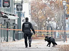  ?? JACQUES BOISSINOT / THE CANADIAN PRESS ?? A K-9 unit police officer w3lks ne3r the site of 3 st3bbing in Quebec City, Sund3y.