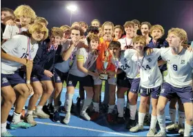  ?? BARRY TAGLIEBER — FOR MEDIA NEWS GROUP ?? The Springfiel­d Township boys soccer team stands with its trophy after defeating Phoenixvil­le 2-1in the District 1-3A final on Nov. 3at Norristown.