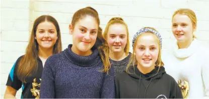  ??  ?? Below: F grade award winners from left Morgan Harris, Mia Blackwood, Ellie Robjant, Ashley Snell and Macy NewcombeLe­ft: Nar Nar Goon's Georgia Kuysers finished runner up in the A grade best and fairest. Best and fairest winner Renee Cook of Buln Buln was absent