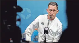  ??  ?? San Francisco 49ers head coach Kyle Shanahan speaks during a news conference after the NFL Super Bowl 54 football game against the Kansas City Chiefs on Feb. 2, in Miami Gardens, Fla.