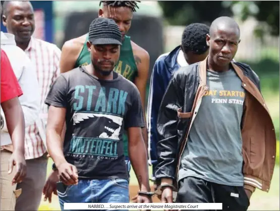  ?? ?? NABBED. . . Suspects arrive at the Harare Magistrate­s Court