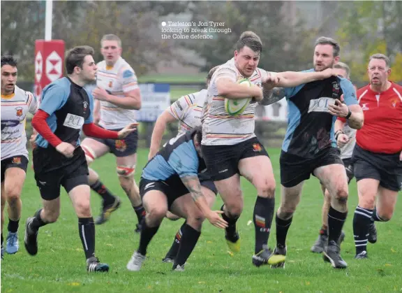  ?? Tarleton’s Jon Tyrer looking to break through the Colne defence ??