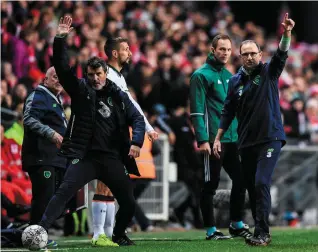  ??  ?? Martin O’Neill and Roy Keane direct their side during the 0-0 draw for the Irish in Denmark in the first leg. Photo: Stephen McCarthy/Sportsfile. Below: Rick Stein