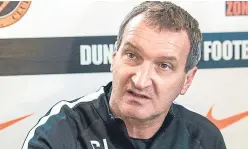 ??  ?? Csaba Laszlo talks to the media yesterday as he reflected on the loss to Crusaders and looked ahead to the clash with Falkirk at Tannadice.