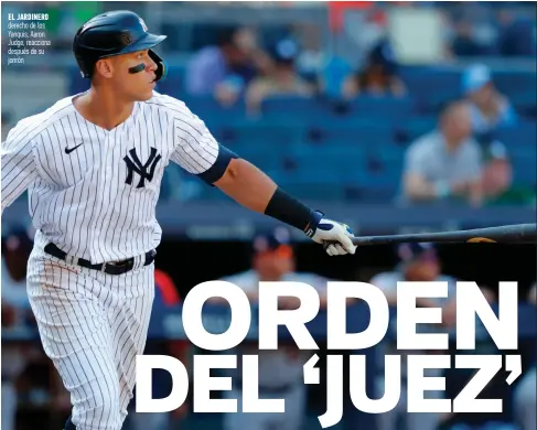  ?? ?? El JARDINERO derecho de los Yanquis, Aaron Judge, reacciona después de su jonrón