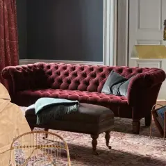  ??  ?? From top A room in Babington House in Somerset (one of Soho House’s properties). ‘Chesterfie­ld’ sofa in ‘Burgundy Mohair’, £3,895. ‘Ernest’ ottoman in ‘Chestnut Leather’, £495. ‘Halsted’ floor lamp, £195. Soho Farmhouse robe, £60. ‘1960s’ rattan chair,...