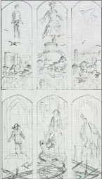  ??  ?? Prince Philip’s sketches for the stained glass windows of a private chapel at Windsor Castle.