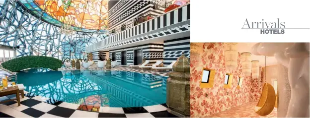  ??  ?? Clockwise from top left: a Tiffany lamp-inspired dome frames Mondrian Doha’s rooftop pool; its spa has feminine flare; La Habana’s rooftop pool;
Palácio Tangará sits amid Burle Marx Park; William Morris meets masculine leather at Artist Residence; its...