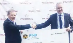  ??  ?? Zanaco Master Golf championsh­ip organising committee chairman Roy Penny (left), and Prudential Chief Operating Officer Damian McGeown shakes hands after Prudential was unveiled as 2018 Zanaco Masters golf championsh­ip sponsors. Picture by MICHAEL MIYOBA