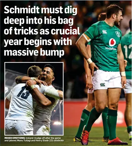  ??  ?? MIXED EMOTIONS: Ireland trudge off after the game and (above) Manu Tuilagi and Henry Slade (13) celebrate