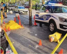  ?? COURTESY DAVID QUIONES/TNS ?? Coral Gables, Florida, Police Department set up a fake crime scene during the city’s annual “Halloween on the Mile” event on Saturday. A photo was first posted on Twitter by David Quiones, an executive at a Coral Gables public relations firm.