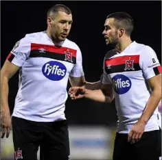  ?? Picture: Sportsfile ?? Brian Gartland and Michael Duffy exchange words during last Friday’s friendly against UCD.