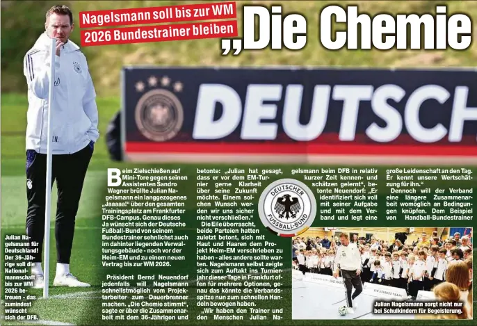  ?? ?? Julian Nagelsmann für Deutschlan­d! Der 36-Jährige soll die Nationalma­nnschaft bis zur WM 2026 betreuen - das zumindest wünscht sich der DFB.
Julian Nagelsmann sorgt nicht nur bei Schulkinde­rn für Begeisteru­ng.