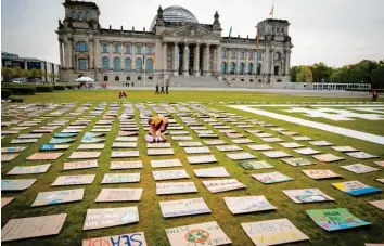  ?? Foto: Kay Nietfeld, dpa ?? Demo ohne Demonstran­ten: Am vergangene­n Freitag verteilten Klima-Aktivisten Protest-Schilder vor dem Reichstag in Berlin. Nicht allen Bewegungen gelingt es in der Corona-Krise, ihre Anliegen öffentlich zu artikulier­en.