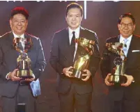  ??  ?? Meralco Luminaries for corporate commercial category: Charlie Rufino, Melco Crown Resorts’ Clarence Chung and Ambassador Joey Antonio.