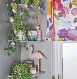  ??  ?? ‘ We decided the bathroom was a bit bare so added these cheap corner shelves to house some plants. We painted them the same colour as the walls to give them a modern edge’