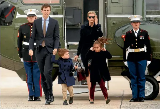  ?? REUTERS ?? US President Donald Trump’s son-in-law and confidant Jared Kushner, his wife Ivanka Trump and their family arrive in Maryland aboard Marine One yesterday. The White House has disclosed that Kushner met Russian Ambassador Sergey Kislyak at Trump Tower...