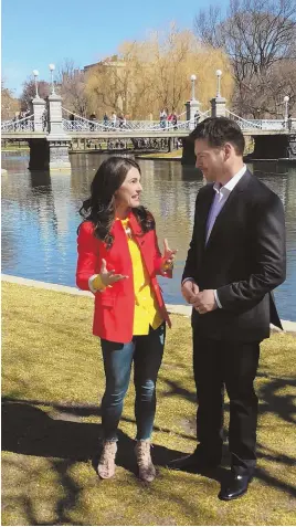  ?? PHOTO BY MICHELLE JOHNSON WEBER/THE HUB TODAY ?? Crooner Harry Connick Jr. is interviewe­d in the Public Garden yesterday by Anna Rossi from NBC Boston’s ‘The Hub Today.’