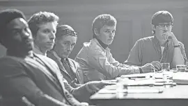  ?? PROVIDED BY NETFLIX ?? Yahya Abdul- Mateen II, from left, Ben Shenkman, Mark Rylance, Eddie Redmayne and Alex Sharp in “The Trial of the Chicago 7,” about those charged after the 1968 Democratic National Convention.