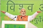  ?? SANJEEV VERMA/HT PHOTO ?? Prime Minister Narendra Modi speaking at the Sixth World Ayurveda Congress.