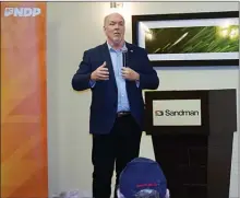  ?? JAMES MILLER/The Okanagan Sunday ?? Provincial NDP Leader John Horgan responds to a question on the party’s strategy in the upcoming election at a town hall forum staged in Penticton.