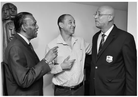  ?? CONTRIBUTE­D ?? Cricket West Indies (CWI) president Ricky Skerritt (right) shares a light moment with Jamaica Cricket Associatio­n president W. Billy Heaven (left) and group CEO, GraceKenne­dy, and chairman of CWI’s Corporate Governance Committee, Senator Don Wehby, after a high-level meeting at the Terra Nova All-Suite Hotel last Wednesday.