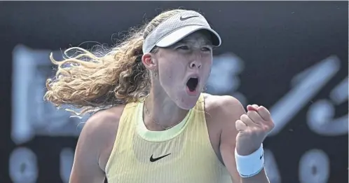  ?? ?? Russia’s Mirra Andreeva roars with delight after winning a point during her third-round match against Frenchwoma­n Diane Parry