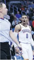  ?? SUE OGROCKI/THE ASSOCIATED PRESS ?? Oklahoma City Thunder guard Russell Westbrook has words for official Matt Boland in recent NBA action.