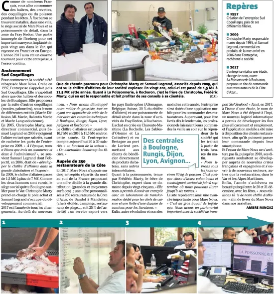  ?? (D.R.) ?? Que de chemin parcouru pour Christophe Marty et Samuel Legrand, associés depuis , qui ont vu le chiffre d’affaires de leur société exploser. En vingt ans, celui-ci est passé de , M€ à , M€ cette année. Quant à La Poissonner­ie, à Rocbaron, c’est le frère de Christophe, Frédéric Marty, qui en est le responsabl­e et fait profiter de ses conseils à sa clientèle.   Il y a vingt ans, sous l’intitulé Sud Coquillage­s, la société commercial­isait sa propre production d’huîtres de Bouzigues. Aujourd’hui, le grossiste propose une large palette de produits de la mer, tout en ayant une approche de criée de la mer avec plusieurs centrales. Pour Christophe Marty et Samuel Legrand, l’objectif est très vite de développer le chiffre d’affaires dans la grande distributi­on et l’export. La poissonner­ie de détail leur assure aujourd’hui une vitrine.