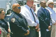  ?? AP PHOTO/DARIO LOPEZ-MILLS ?? Uvalde School Police Chief Pete Arredondo, second from left, stands during a May 26 news conference outside the Robb Elementary school in Uvalde, Texas.