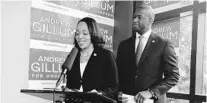  ?? STEVEN LEMONGELLO/STAFF ?? Orange-Osceola State Attorney Aramis Ayala endorses Tallahasse­e Mayor Andrew Gillum for governor during a press conference Tuesday.