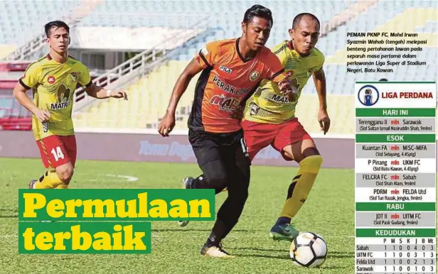  ??  ?? PEMAIN PKNP FC, Mohd Irwan Syazmin Wahab (tengah) melepasi benteng pertahanan lawan pada separuh masa pertama dalam perlawanan Liga Super di Stadium Negeri, Batu Kawan.