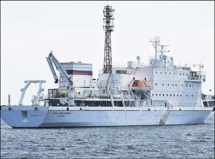  ?? DAVID JALA/SALTWIRE NETWORK ?? The Akademik Ioffe, shown here earlier this week in Louisbourg Harbour, is a former Soviet oceanograp­hic research vessel that now serves a One Ocean Expedition­s adventure cruise ship. The 117-metre, heavy hulled ship is presently plying the waters off...