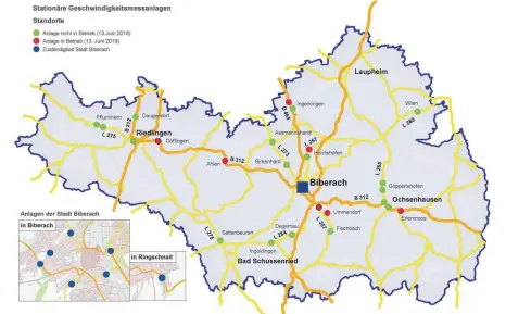  ?? GRAFIK: LANDRATSAM­T ?? Die Karte zeigt, welche Blitzer am Mittwoch ihren Betrieb aufnehmen, und an welchen Orten sich die restlichen Anlagen befinden.