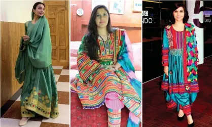  ??  ?? Sara Wahedi, Peymana Assad, and Sana Safi who are among the many women posting images of themselves in colourful traditiona­l Afghan clothing on social media. Photograph: Twitter