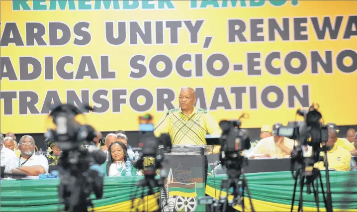  ?? PICTURE: ITUMELENG ENGLISH/AFRICAN NEWS AGENCY/ANA ?? UNHAPPY REIGN: Outgoing president Jacob Zuma addresses delegates during the elective conference at the Nasrec Expo Centre near Soweto.